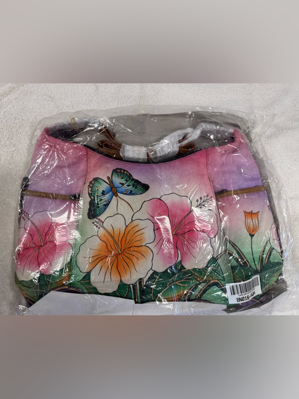 Anuschka Pink Green Floral Handpainted Leather Shoulder Bag